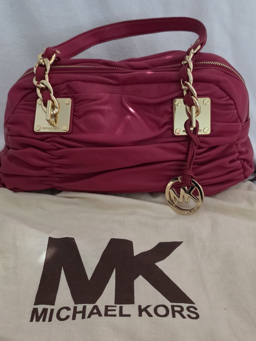 Michael Kors Pink Ruched Leather Shoulder Bag with Gold Accents
